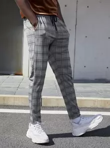 Manfinity VCAY Men Plaid Drawstring Waist Pants Tapered Long Slacks Colorful Going Out - Grey - View 5