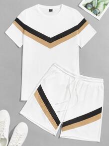 GENTILAND 男士條紋圖案T恤和抽繩短褲套裝 - 白色 - 查看 1