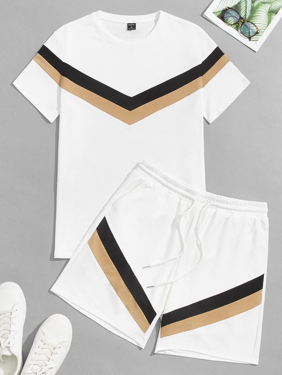 GENTILAND 男士條紋圖案T恤和抽繩短褲套裝 - 白色 - 查看 1