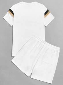 GENTILAND 男士條紋圖案T恤和抽繩短褲套裝 - 白色 - 查看 2