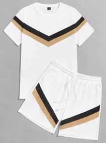 GENTILAND 男士條紋圖案T恤和抽繩短褲套裝 - 白色 - 查看 4