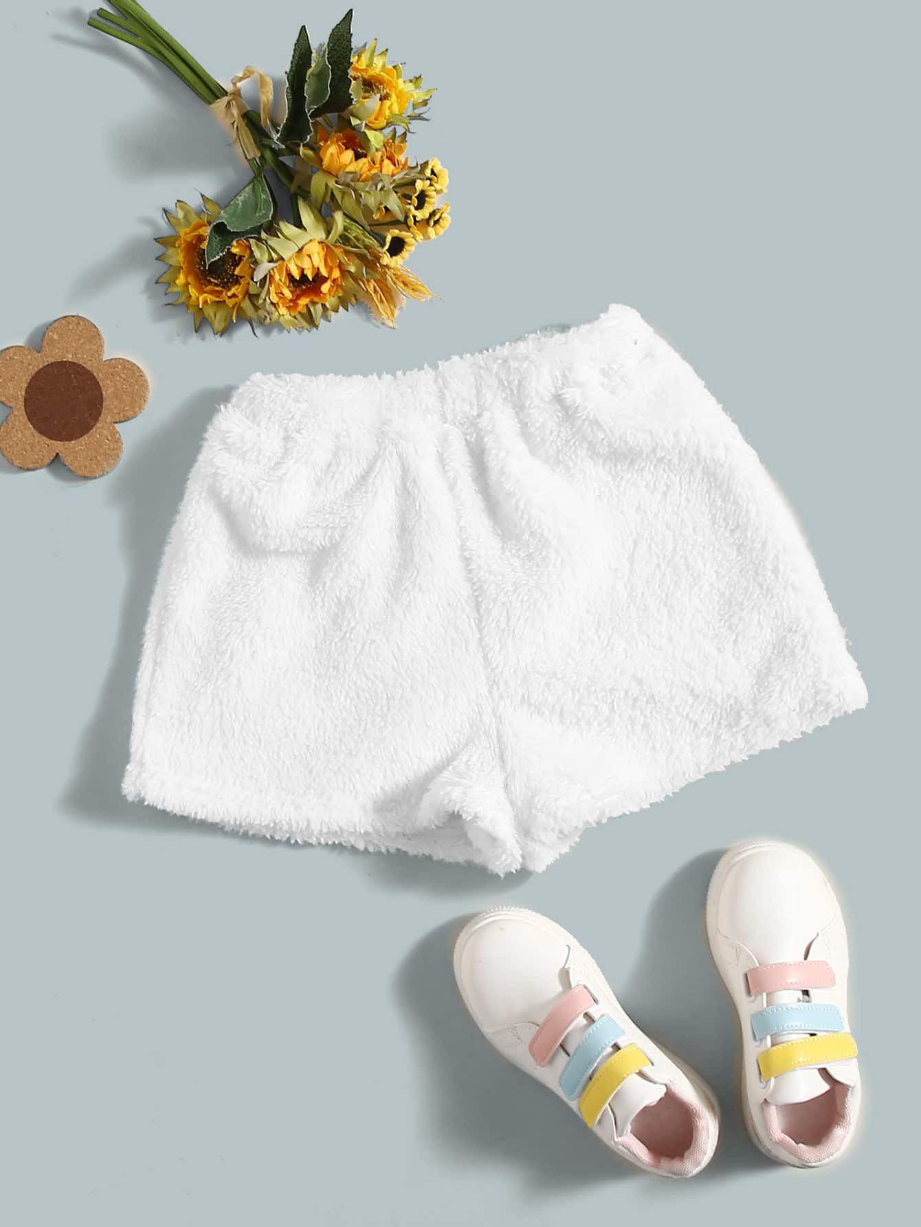 SHEIN Leap Crew Tween Girl Solid Shearling Shorts - White - View 1