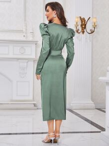 Modelyn Ruched Surplice Neck Gigot Sleeve Fitted Dress Long Evening Dresses - Mint Green - View 2