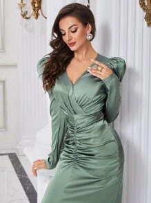 Modelyn Ruched Surplice Neck Gigot Sleeve Fitted Dress Long Evening Dresses - Mint Green - View 5