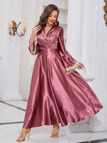 Seusyu 交疊領百褶亮片拼接流蘇緞面洋裝 - 玫瑰紅 - 查看 3