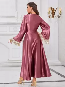 Seusyu 交疊領百褶亮片拼接流蘇緞面洋裝 - 玫瑰紅 - 查看 2