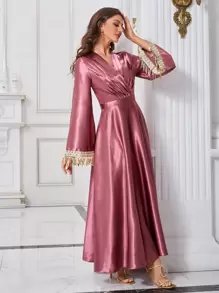 Seusyu 交疊領百褶亮片拼接流蘇緞面洋裝 - 玫瑰紅 - 查看 4