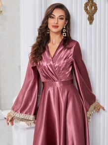 Seusyu 交疊領百褶亮片拼接流蘇緞面洋裝 - 玫瑰紅 - 查看 5