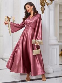 Seusyu 交疊領百褶亮片拼接流蘇緞面洋裝 - 玫瑰紅 - 查看 1