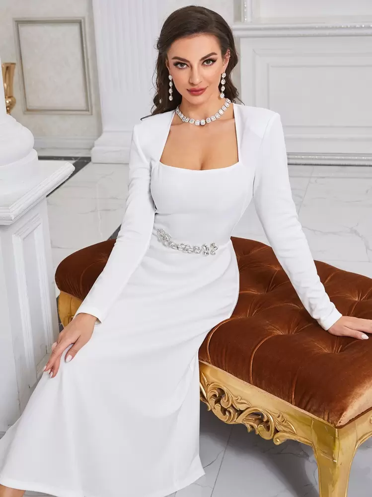 Modelyn فستان سهرة طويل بتصميم خط A مزين بالراينستون - أبيض - مشاهدة 3