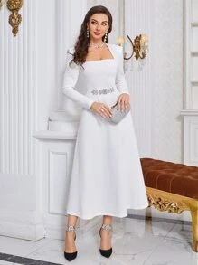 Modelyn Rhinestone Detail A-Line Dress Long Evening Dresses - White - View 5