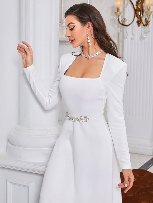 Modelyn Rhinestone Detail A-Line Dress Long Evening Dresses