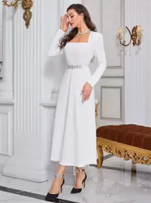 Modelyn Rhinestone Detail A-Line Dress Long Evening Dresses - White - View 6