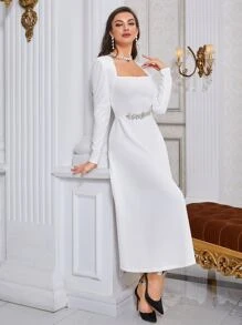 Modelyn Rhinestone Detail A-Line Dress Long Evening Dresses - White - View 7