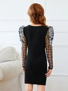 SHEIN Leap Crew Tween Girl Grid Print Sheer Mesh Gigot Sleeve Dress Without Belt - Black - View 2