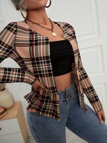 SHEIN LUNE Saco con estampado de cuadros con parte delantera abierta - Multicolor - Ver 3