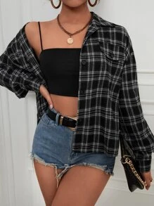 Chiquease 格紋印花落肩袖夾克 - 黑與白 - 查看 3