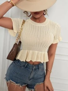 Flounce Sleeve Peplum Knit Top - Apricot - View 1