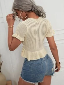 Flounce Sleeve Peplum Knit Top - Apricot - View 2