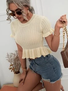 Flounce Sleeve Peplum Knit Top - Apricot - View 4