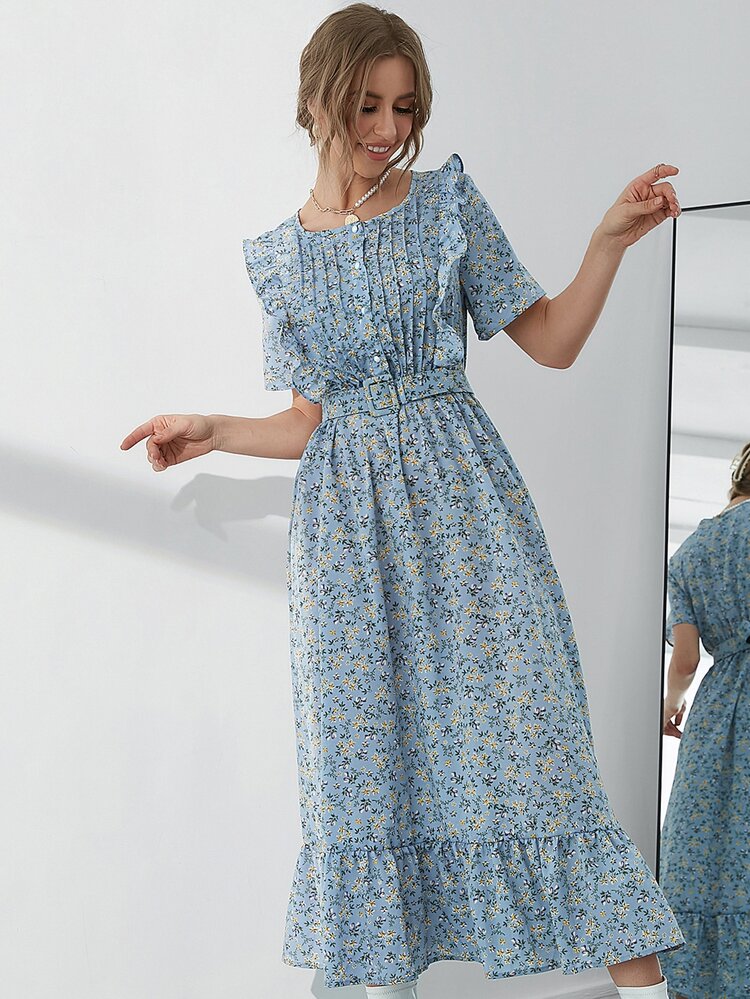 Seusyu 碎花荷葉邊褶皺繫腰帶連衣裙 - 霧霾藍 - 查看 4