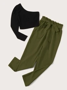SHEIN LUNE One Shoulder Top & Paperbag Waist Belted Pants Set,Casual - Multicolor - View 3