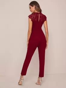 SHEIN Privé Keyhole Back Sheer Lace Yoke Solid Jumpsuit - Burgundy - View 2