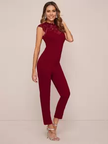 SHEIN Privé Keyhole Back Sheer Lace Yoke Solid Jumpsuit - Burgundy - View 3