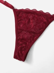 ROMWE Kawaii 3pack Floral Lace Underwire Garter Lingerie Set - Burgundy - View 3