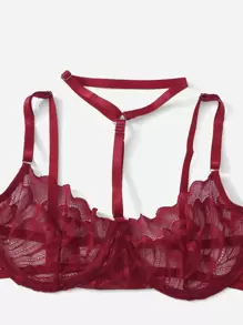 ROMWE Kawaii 3pack Floral Lace Underwire Garter Lingerie Set - Burgundy - View 4