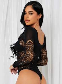 Fishnet Teddy Bodysuit With 1pair Stockings - Black - View 2