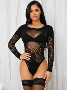 Fishnet Teddy Bodysuit With 1pair Stockings - Black - View 3