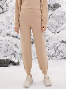 SHEIN High Waisted Solid Knit Trousers - Apricot - View 1