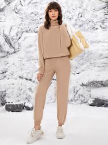 SHEIN High Waisted Solid Knit Trousers - Apricot - View 3