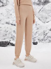 SHEIN High Waisted Solid Knit Trousers - Apricot - View 5