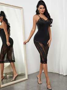 SHEIN SXY Đầm Tương phản ren cắt màu trơn Gợi cảm - màu đen - Xem 1