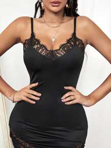 SHEIN SXY Đầm Tương phản ren cắt màu trơn Gợi cảm - màu đen - Xem 4