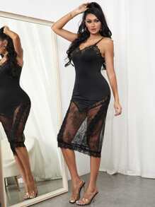 SHEIN SXY Đầm Tương phản ren cắt màu trơn Gợi cảm - màu đen - Xem 5