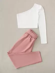 SHEIN LUNE One Shoulder Top & Paperbag Waist Belted Pants Set - Multicolor - View 3