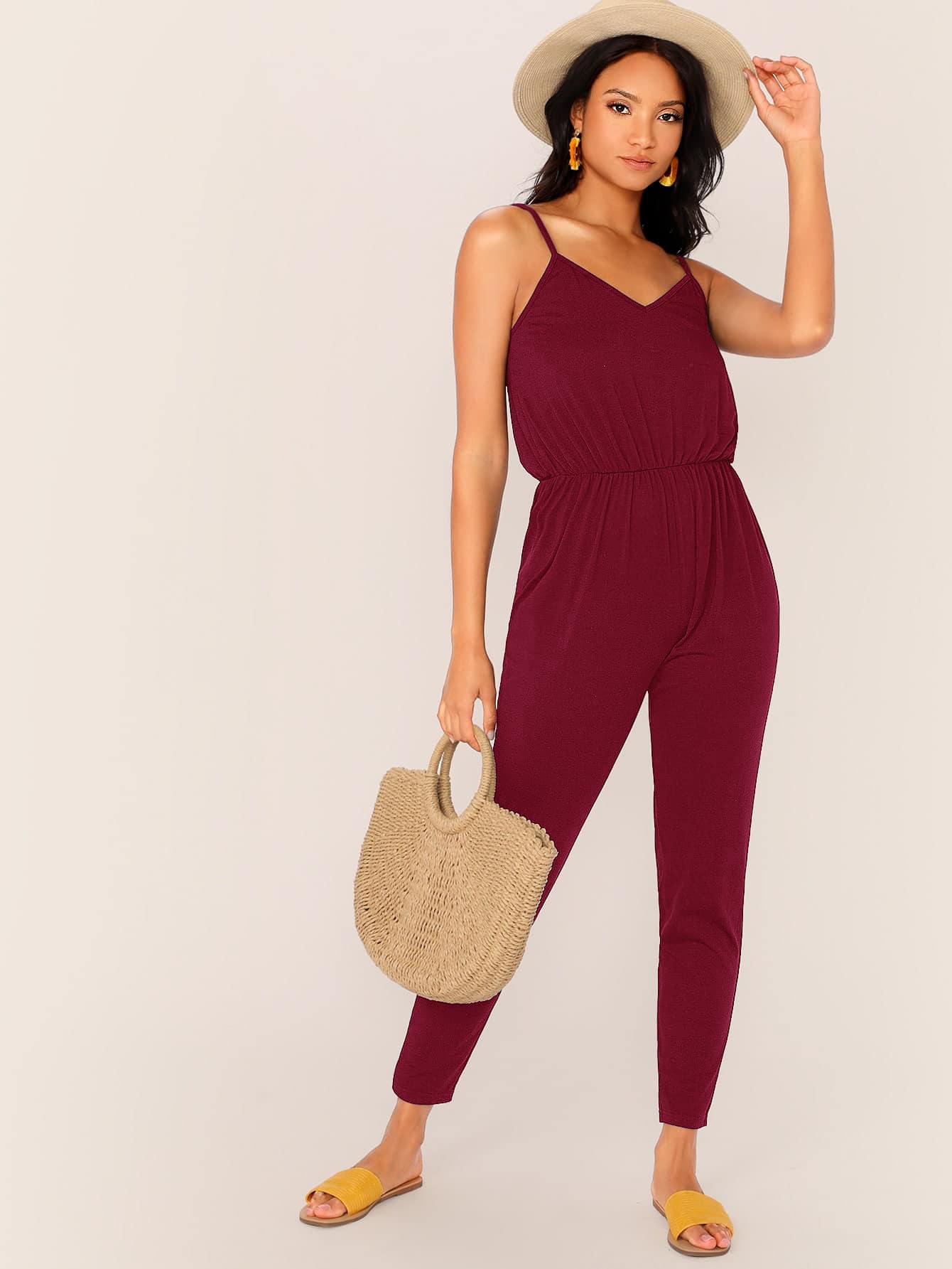 SHEIN LUNE Blouson V-Neck Cami Jumpsuit - Burgundy - View 1