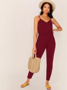 SHEIN LUNE Blouson V-Neck Cami Jumpsuit - Burgundy - View 4