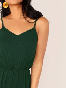 SHEIN LUNE 高腰素色吊帶連體褲 - 墨綠色 - 查看 3