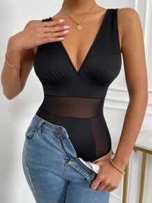 SHEIN Essnce 嵌入網紗背心連體衣 - 黑色 - 查看 1