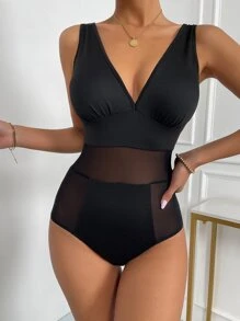 SHEIN Essnce 嵌入網紗背心連體衣 - 黑色 - 查看 5