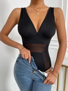 SHEIN Essnce 嵌入網紗背心連體衣 - 黑色 - 查看 6