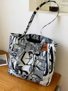 Canvas Shoulder Tote Bag Portable Large Capacity Bag Women's New Fashion Versatile Commuter Graffiti Shoulder Bag College Student Tote Bag, Literary School Bag & Bookbag For Women Or Students, Perfect For Books, Shopping, Back To School And More, Tote Bags For Women, College Essentials