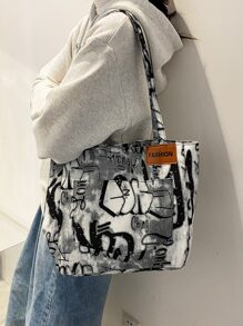 Canvas Shoulder Tote Bag Portable Large Capacity Bag Women's New Fashion Versatile Commuter Graffiti Shoulder Bag College Student Tote Bag, Literary School Bag & Bookbag For Women Or Students, Perfect For Books, Shopping, Back To School And More, Tote Bags For Women, College Essentials