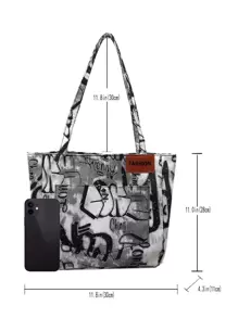 Canvas Shoulder Tote Bag Portable Large Capacity Bag Women's New Fashion Versatile Commuter Graffiti Shoulder Bag College Student Tote Bag, Literary School Bag & Bookbag For Women Or Students, Perfect For Books, Shopping, Back To School And More, Tote Bags For Women, College Essentials