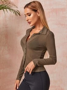 Top con botón delantero brillante sin sujetador - Marrón - Ver 3