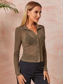 Top con botón delantero brillante sin sujetador - Marrón - Ver 5